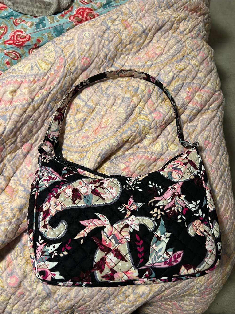 Vera Bradley Black Floral Quilted Shoulder Bag with Pink, Cream & Teal Accents